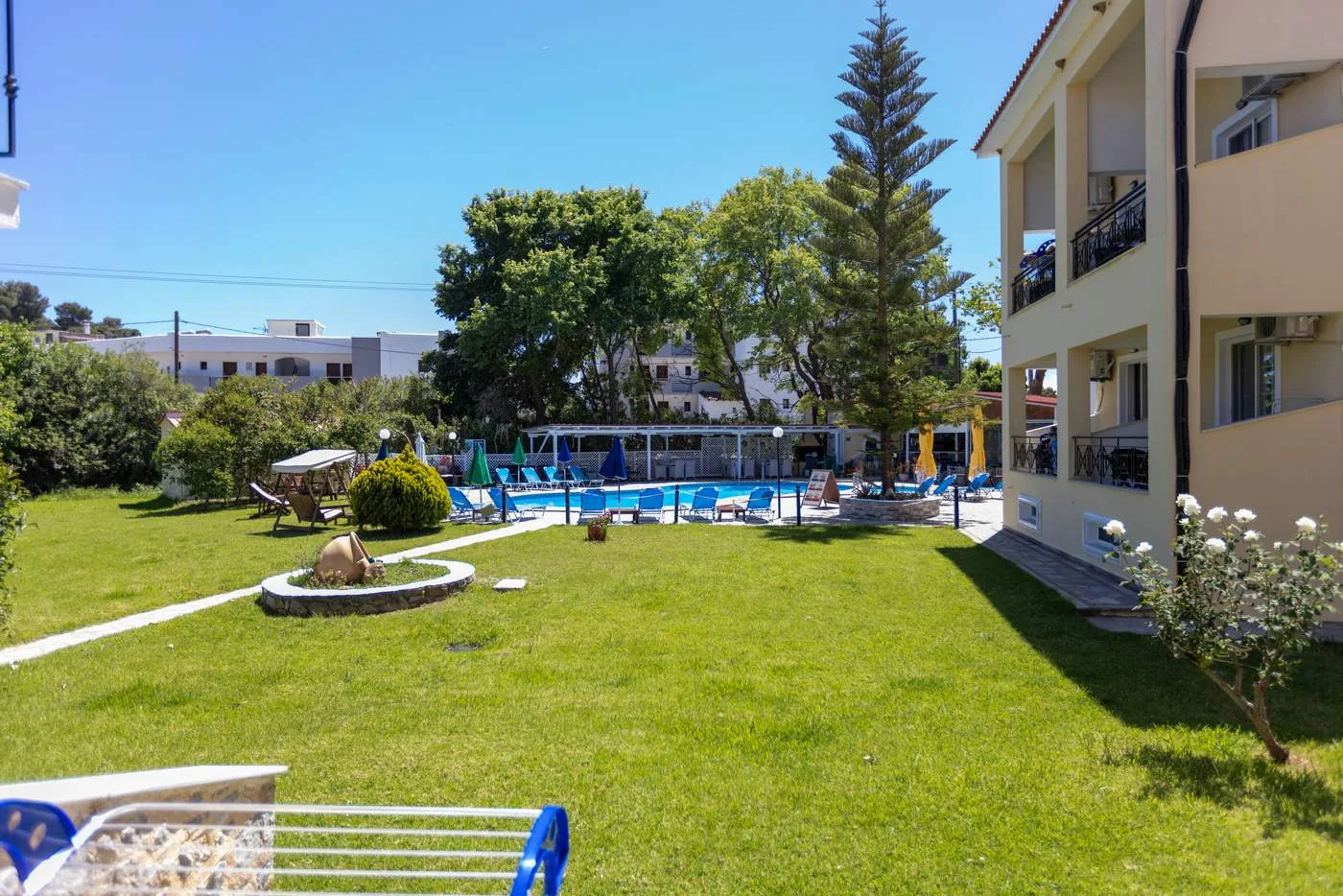View from the studios across the garden to the swimming pool