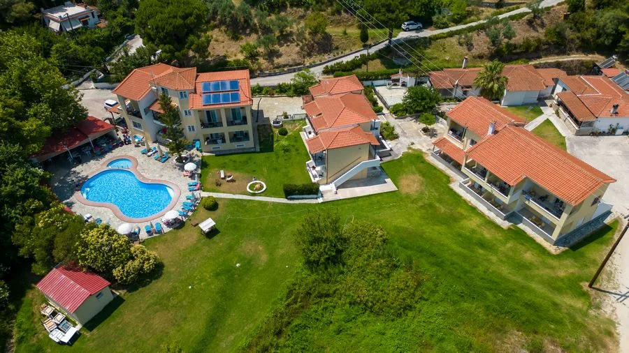 Aerial view of studios, garden and pool