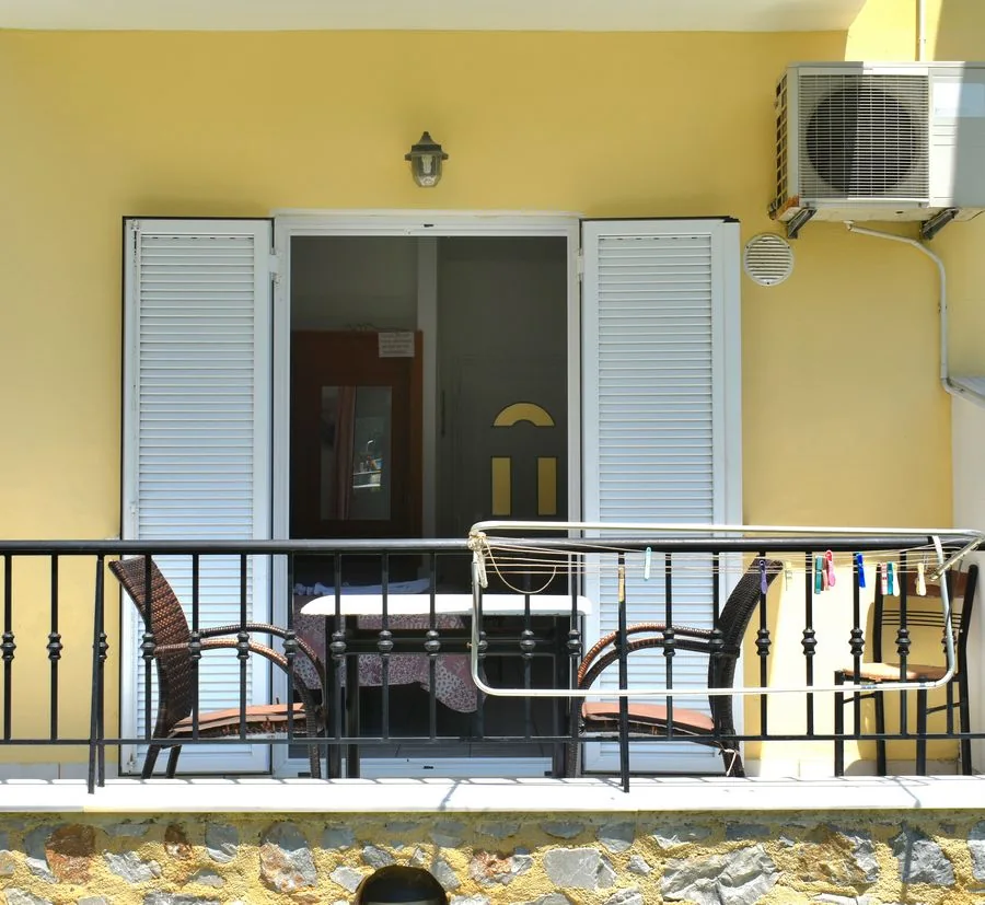 Furnished balcony outside a studio