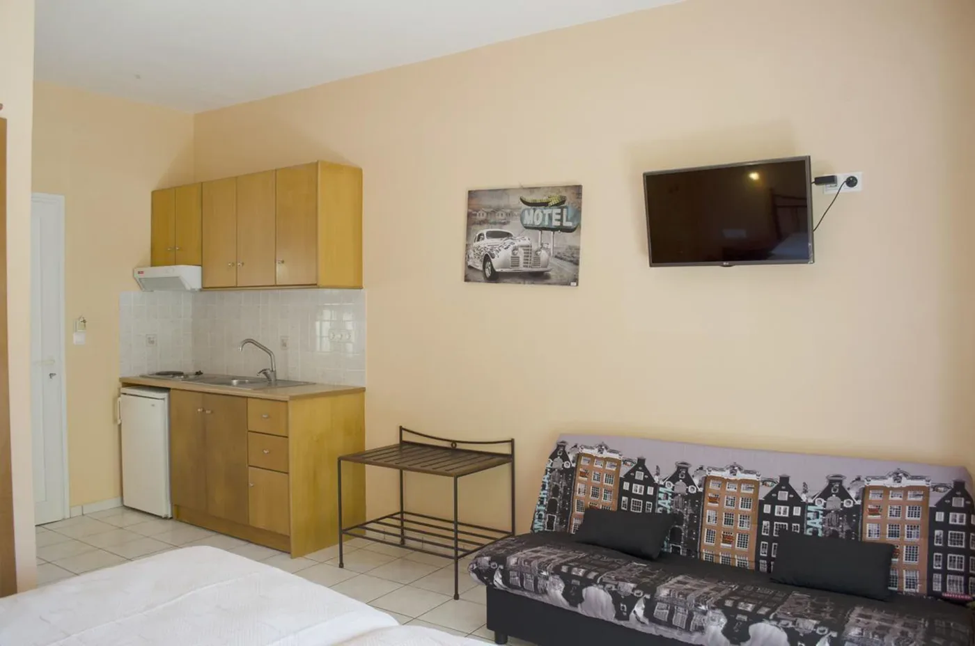 Studio kitchenette and seating area